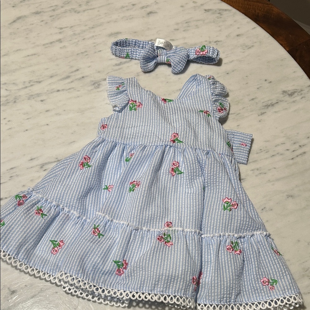 Blue Striped Dress with Floral Pattern and Headband